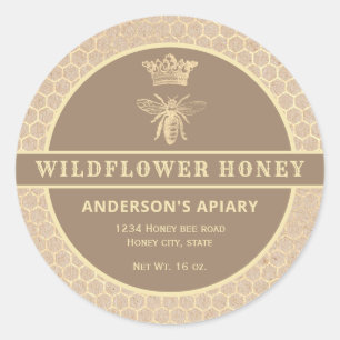 Oro vintage Kraft reina abeja etiqueta de tarro de