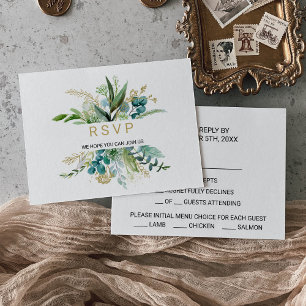 Oro vintage y eucalipto verde opción de menú Rsvp