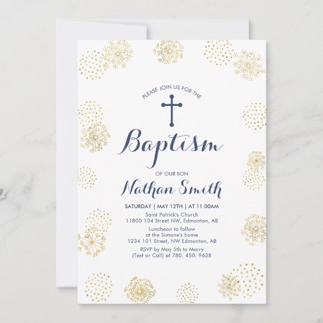 Oro y Azul Marino | Invitación de Bautizo para Niñ (Anverso)