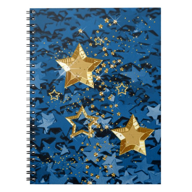 Oro y cuaderno espiral de las estrellas azules del (Frente)