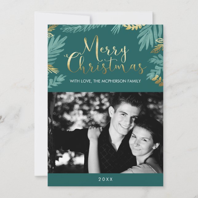 Oro y hojas verdes Feliz foto de Navidad (Anverso)