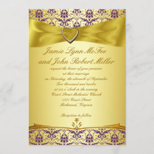 Oro y invitación púrpura de la boda del damasco