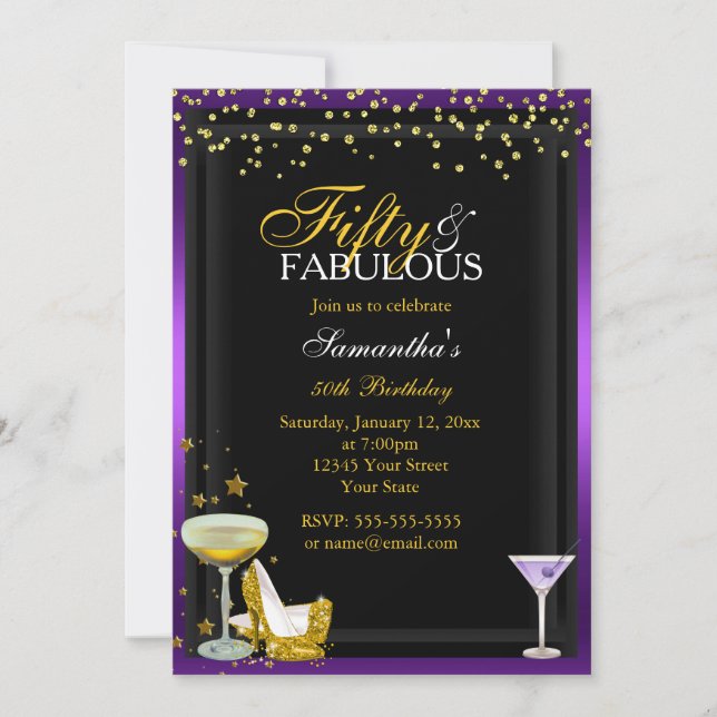 Oro y morado 50 y fabulosa invitación al cumpleaño (Anverso)