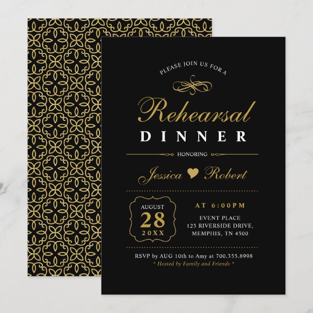 Oro y negro | Elegante invitación a la cena de ens (Anverso / Reverso)