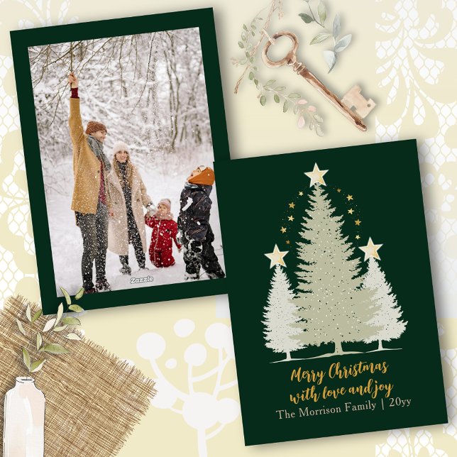 Oro y verde árbol y estrellas de Navidad (Gold and Green Christmas Tree and Stars Photo Holiday Card)