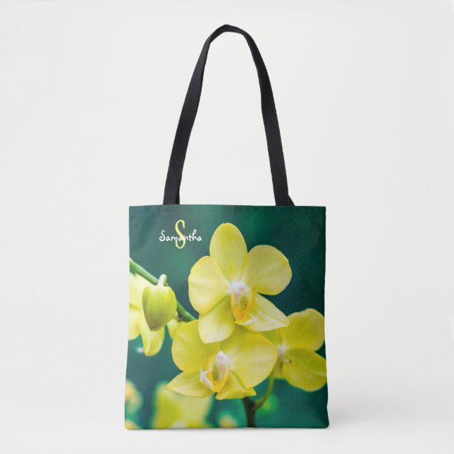 Orquídea amarilla en bolsa de mano verde (Anverso)