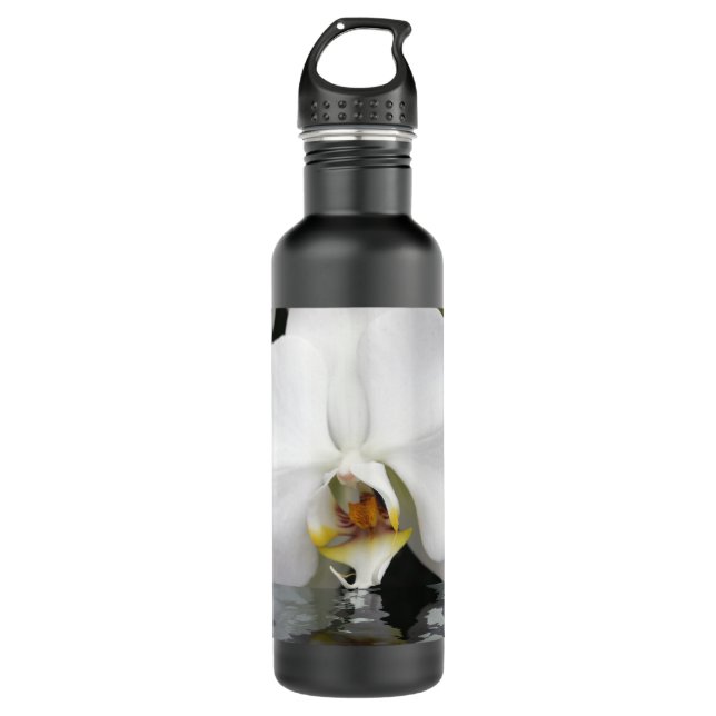 Orquídea blanca en botella de agua de piscina (Anverso)