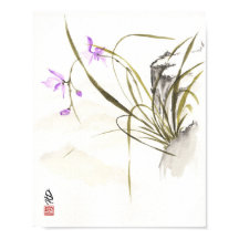 Orquídea junto a la roca antigua Arte con pincel c
