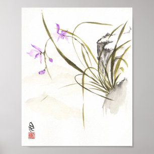 Orquídea junto a la roca antigua Arte con pincel c