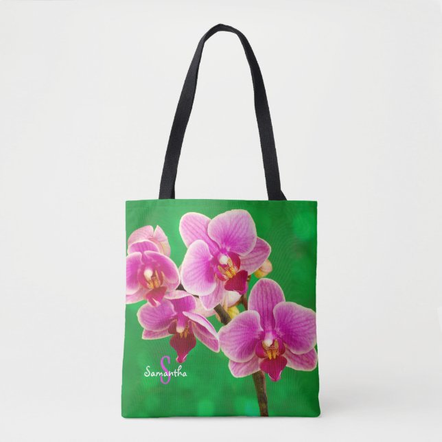 Orquídea púrpura en bolsa tote verde (Anverso)
