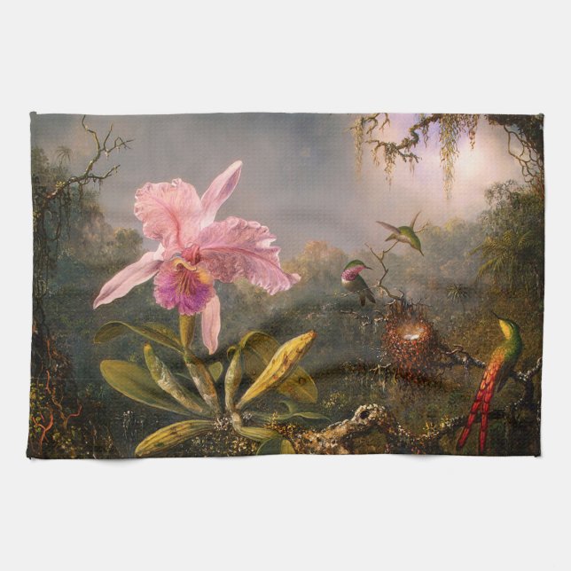 Orquídea rosa y toalla de cocina de tres Hummingbi (Horizontal)