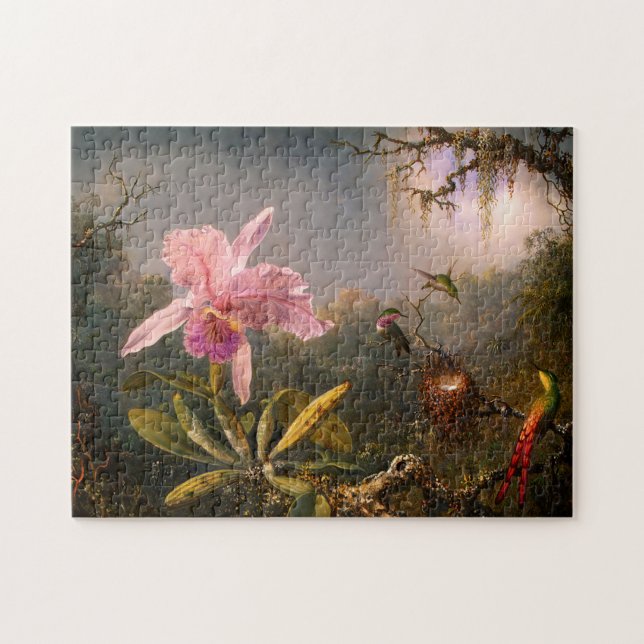Orquídea rosa y tres rompecabezas de los colibríes (Horizontal)