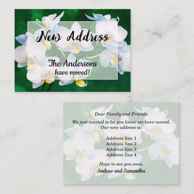 Orquídeas Blancas en Verde Anuncio de Nueva Direcc (Anverso / Reverso)