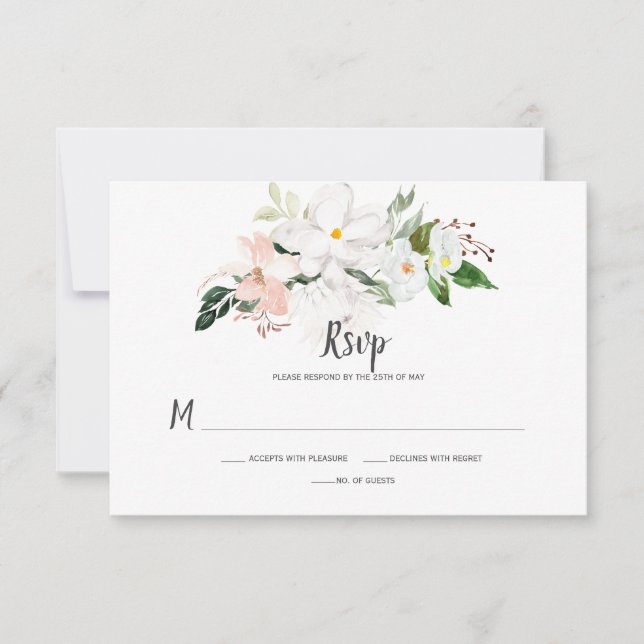 Orquídeas blancas y Rubor rosas y magnolias RSVP (Anverso)