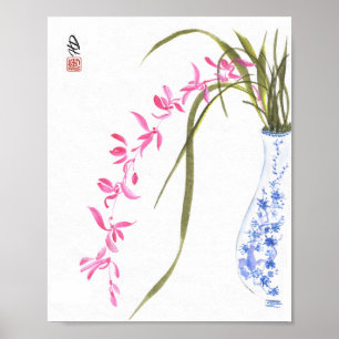 Orquídeas rosadas en jarrón azul y blanco Arte acu