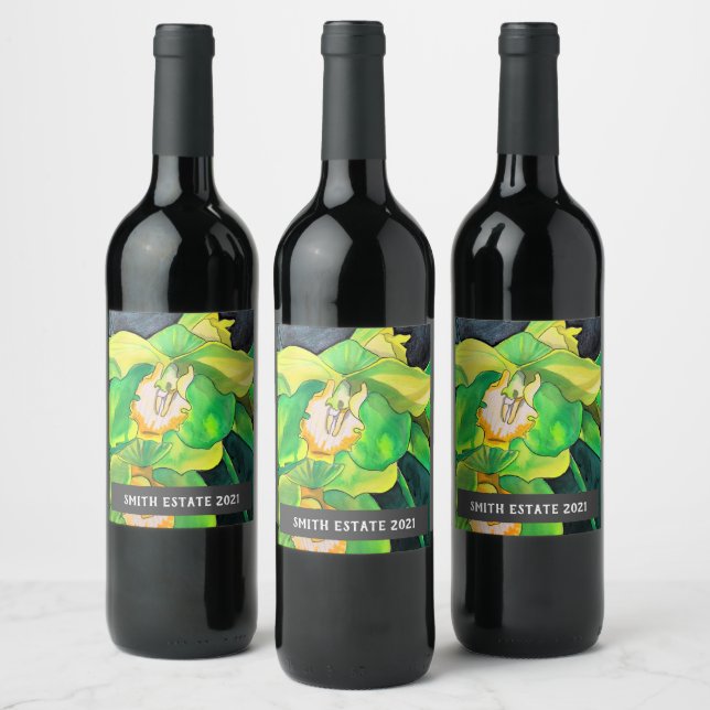 Orquídeas verdes acuarela floral etiqueta de vino (Botellas)