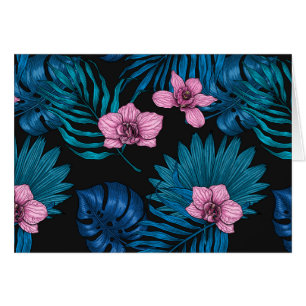 Orquídeas y hojas de palma, rosa y azul en negro