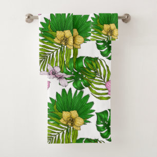 Orquídeas y hojas de palma, rosas, amarillas, verd