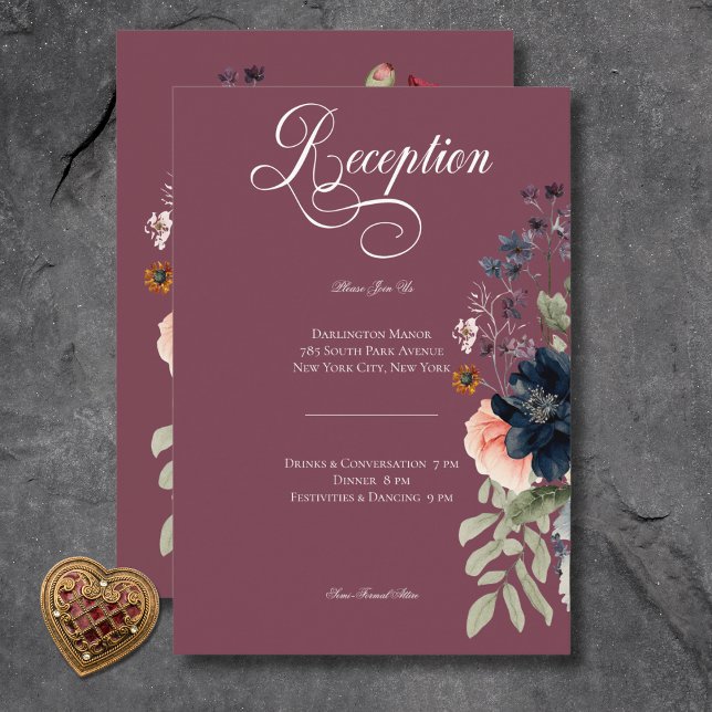 Oscuro Moody Burgundy Oval Boda Floral Recepción (Dark Moody Burgundy Oval Floral Wedding Reception Enclosure Card)
