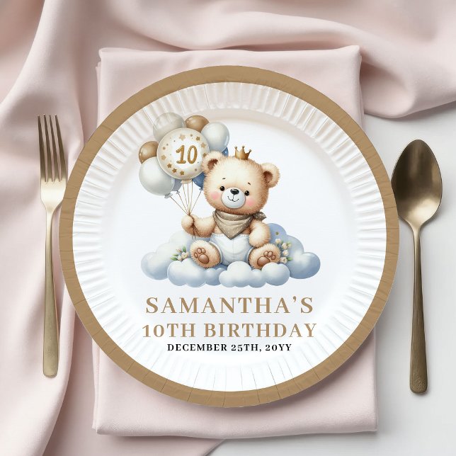 Osito de Cumpleaños 10 Platos de Globo Dorado Lind (Cute 10th Birthday Teddy Bear Gold Balloon Plates)