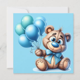 Osito de peluche con globo azul Invitación para ba