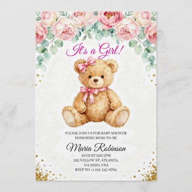 Osito de peluche de invitación "Es una niña" (Anverso)