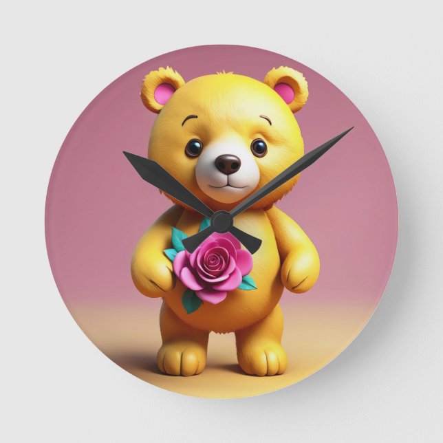 Osito de peluche dulce con reloj de pared de rosa (Anverso)