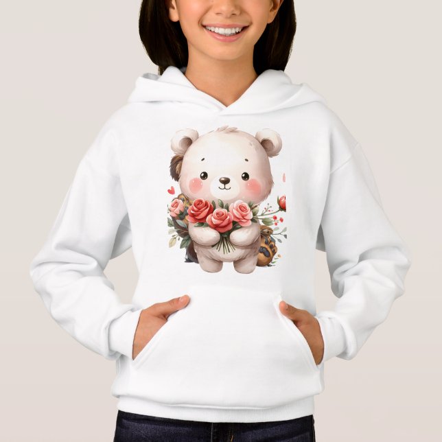 Osito Kawaii Blanco con Sudadera de Rosas Rosadas  (Anverso)