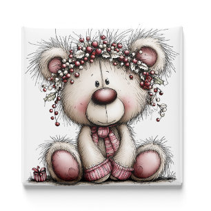 Osito Rosa Bayas de Navidad Imán de Navidad
