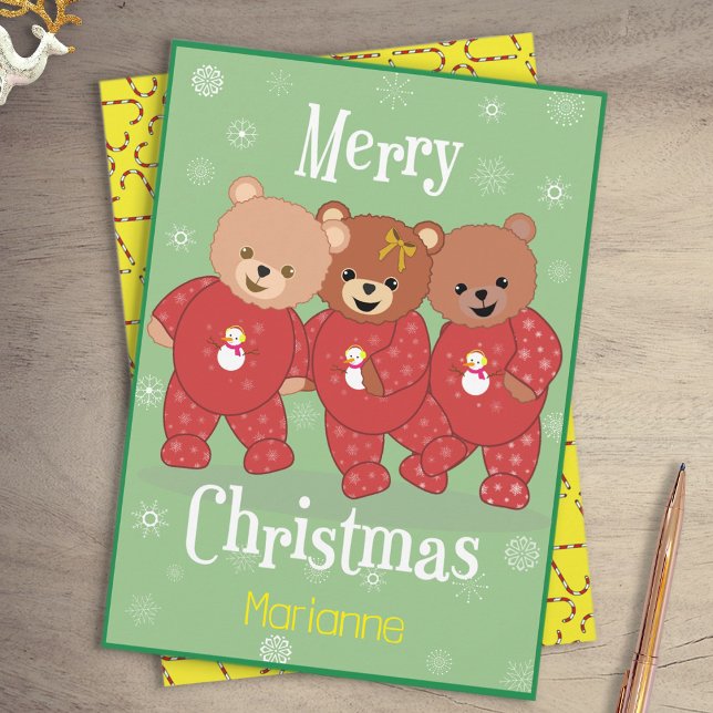 Ositos de peluche lindos en pijamas de Navidad Nav (3 Teddies in pyjamas Christmas Card)