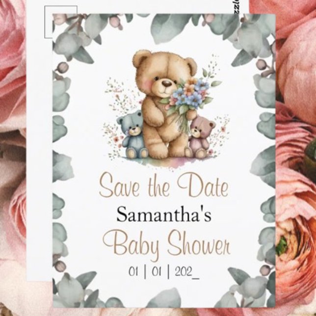 Ositos gemelos acuarela fecha tarjeta postal (P.S. Get ready for some adorable baby shower invites that are sure to warm your hearts! 🌸💙)