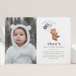 Oso 3 Globos Azules Foto Invitación de primer cump