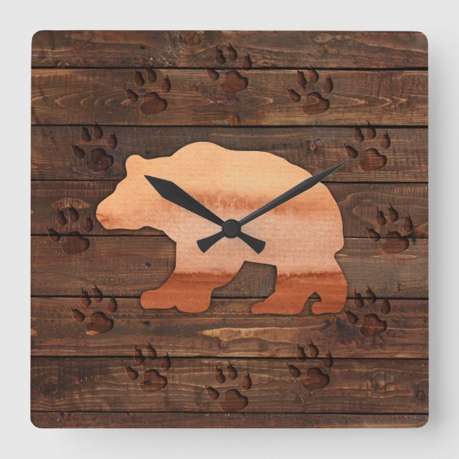 Oso acuarela, pastas talladas, reloj de pared rúst (Anverso)