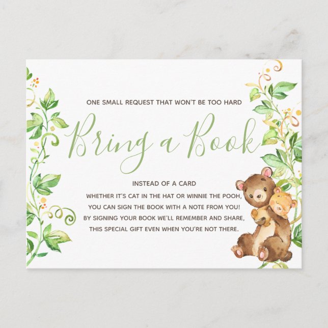 Oso Animal Baby Shower Traiga un Libro Tarjeta de  (Anverso)