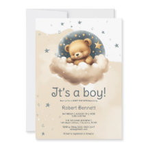 Oso azul sobre la invitación a la ducha de bebé en