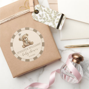 Oso beige marrón ducha de bebé pegatinas redondos