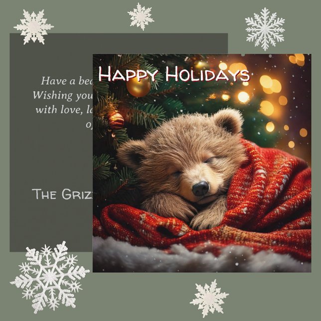 Oso Cachorro Durmiente Personalizado | Navidad Cua (deep peace & winter warmth personalised square Christmas card. adorable bear cub sleeping under tree)