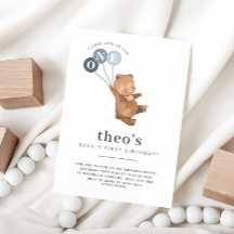 Oso con 3 globos azules Invitación de primer cumpl