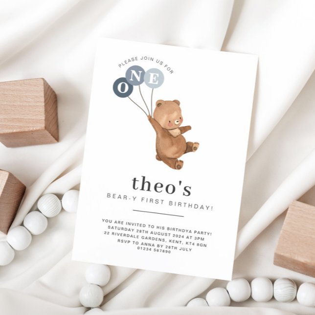 Oso con 3 globos azules Invitación de primer cumpl (Subido por el creador)