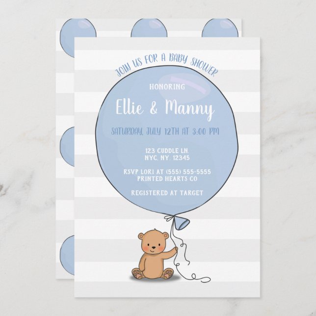 Oso con invitación a Baby Shower en globo | Azul (Anverso / Reverso)