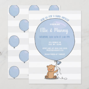 Oso con invitación a Baby Shower en globo Azul