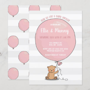 Oso con invitación a Baby Shower en globo   Rosa