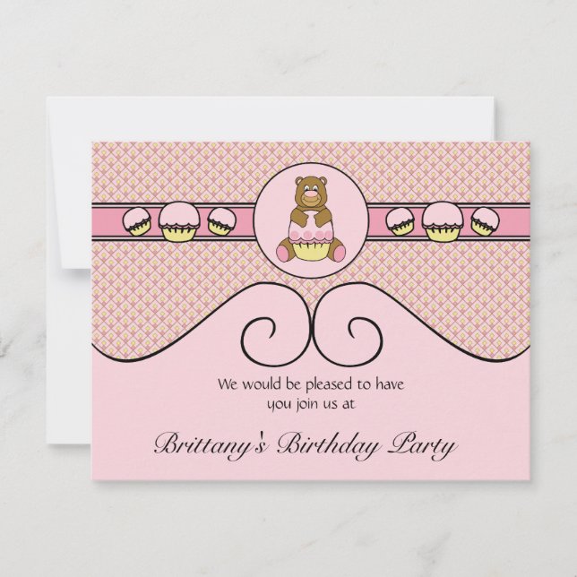 Oso Con Invitación De Diamantes De Torta Rosa (Anverso)