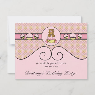 Oso Con Invitación De Diamantes De Torta Rosa