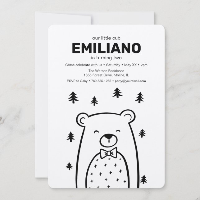 Oso con pajarita, invitación de cumpleaños de niño (Anverso)