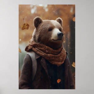 Oso con ropa de otoño, impresión artística, otoño