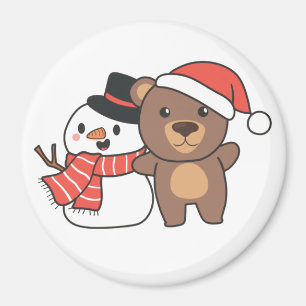 Oso Con Snowman En Invierno Para El Imán De Los Na