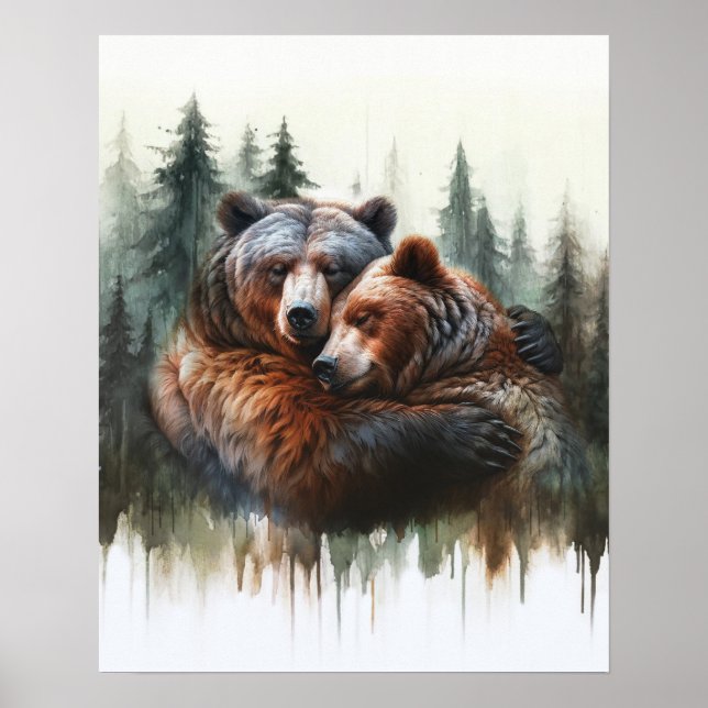 Oso de Acuarela Árboles Arte de Pared Rústico Desi (Frente)