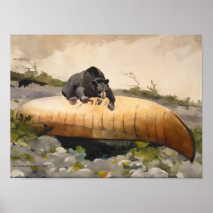 Oso de arte retro de la naturaleza con una canoa