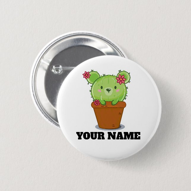 Oso de Cactus Kawaii en Maceta Botón Insignia (Anverso y reverso)